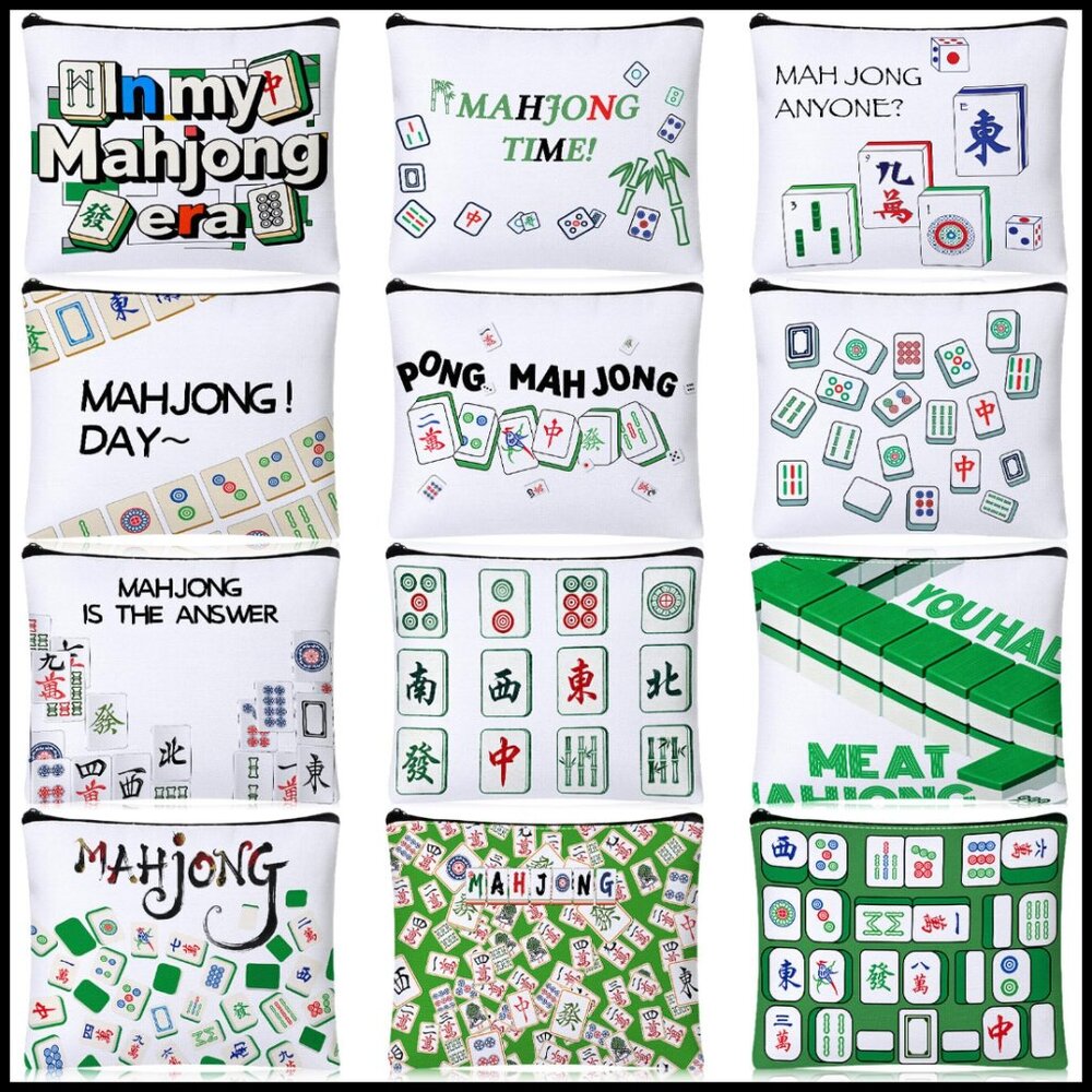 Mahjong Themed Cosmetic Bag Set Canvas Organizer Zippered Travel Accessories